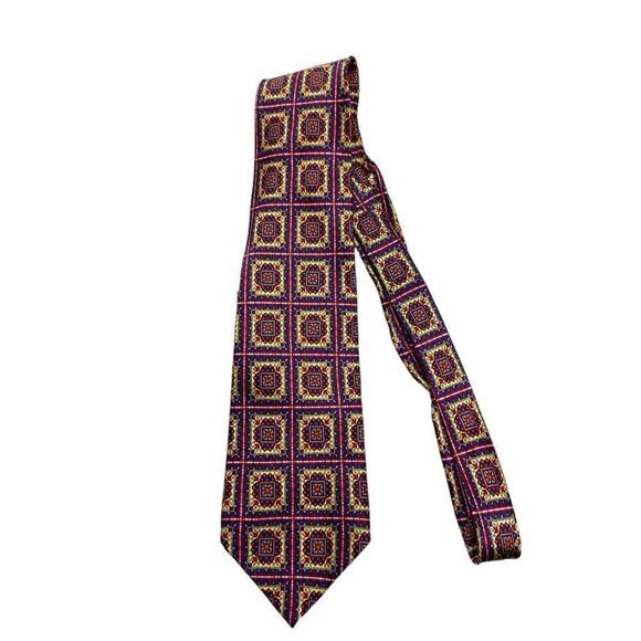 Men’s‎ Sisabang 100% Silk Neck Tie Yellow, Blue and Res - Picture 2 of 8